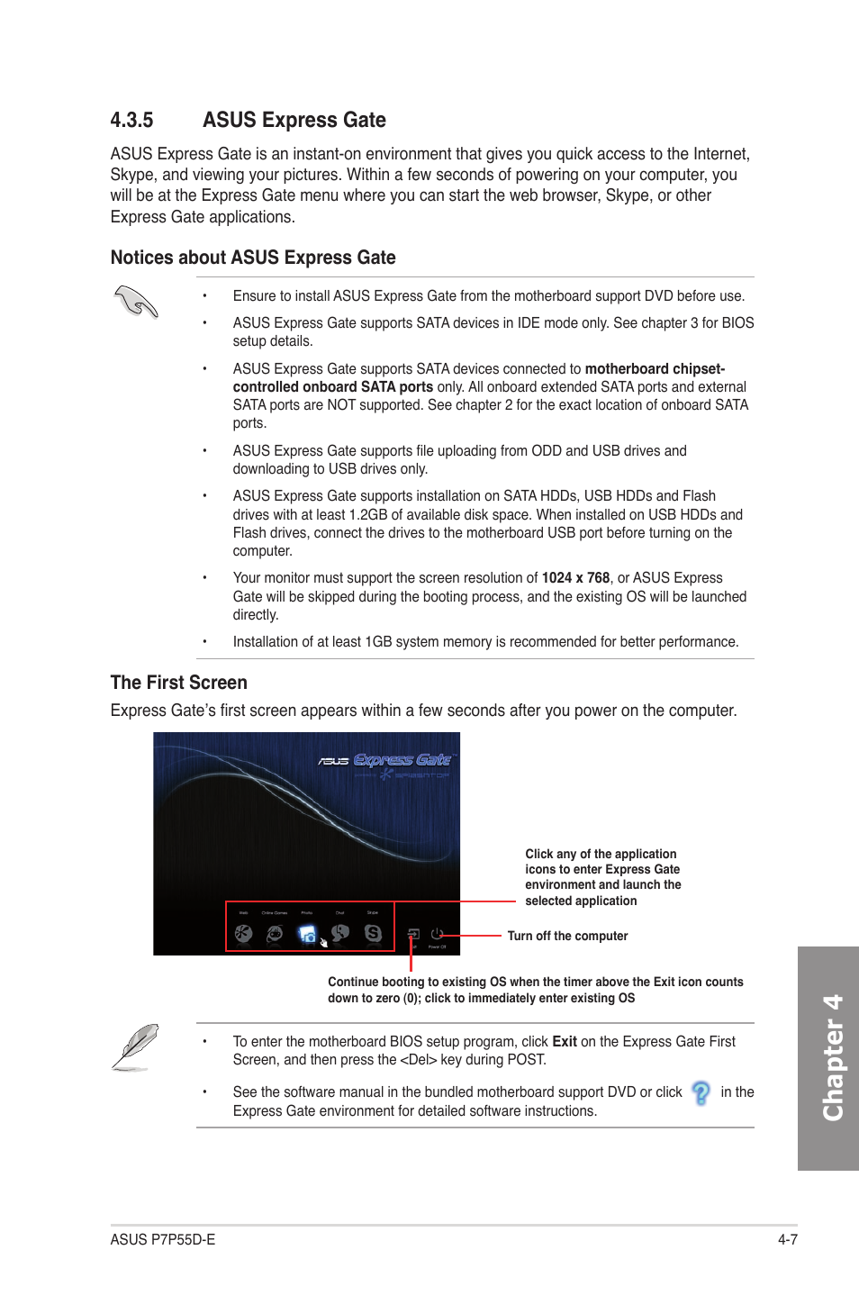 5 asus express gate, Asus express gate -7, Chapter 4 | Notices about asus express gate, The first screen | Asus P7P55D-E User Manual | Page 109 / 126