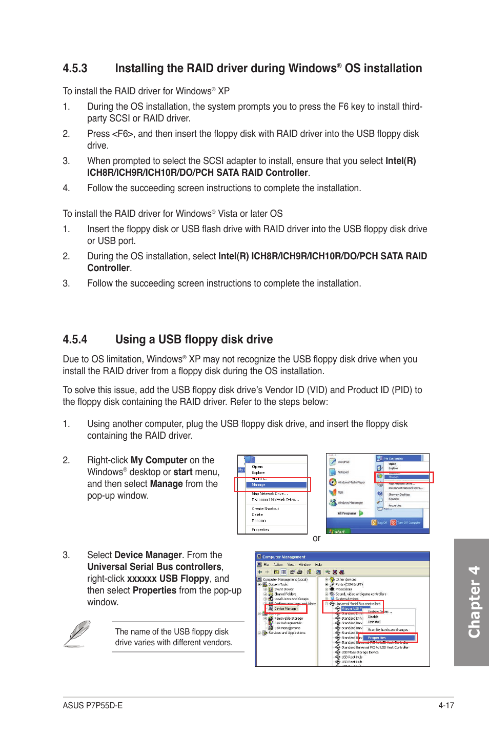 4 using a usb floppy disk drive, Installing the raid driver during windows, Os installation -17 | Using a usb floppy disk drive -17, Chapter 4, 3 installing the raid driver during windows, Os installation | Asus P7P55D-E User Manual | Page 119 / 126