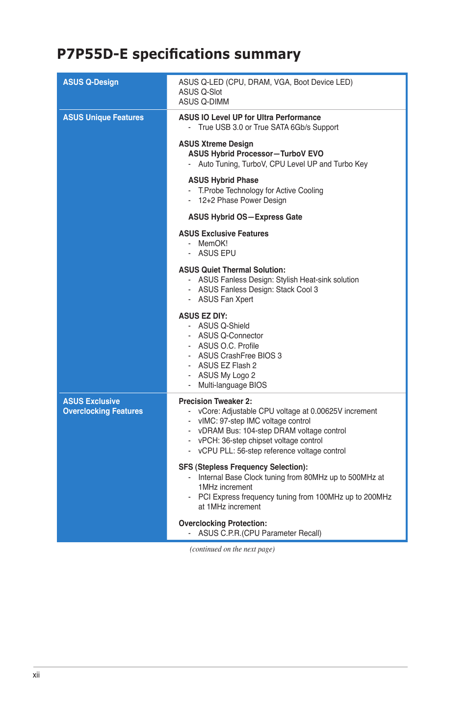 P7p55d-e specifications summary | Asus P7P55D-E User Manual | Page 12 / 126
