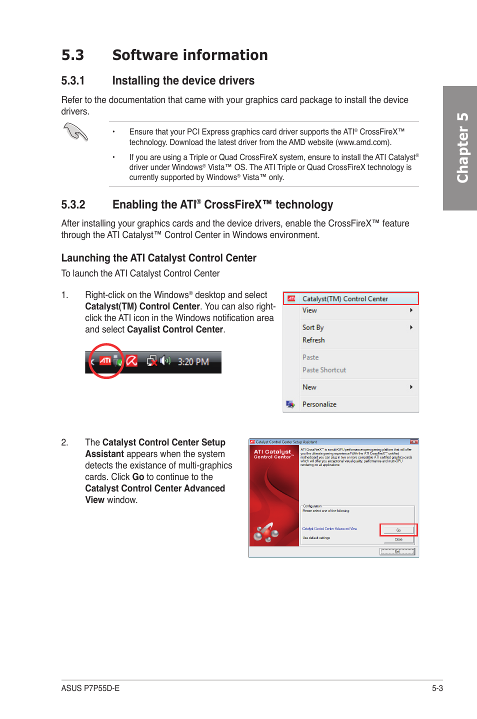 3 software information, 1 installing the device drivers, 2 enabling the ati® crossfirex™ technology | Software information -3 5.3.1, Installing the device drivers -3, Enabling the ati, Crossfirex™ technology -3, Chapter 5 5.3 software information, 2 enabling the ati, Crossfirex™ technology | Asus P7P55D-E User Manual | Page 125 / 126