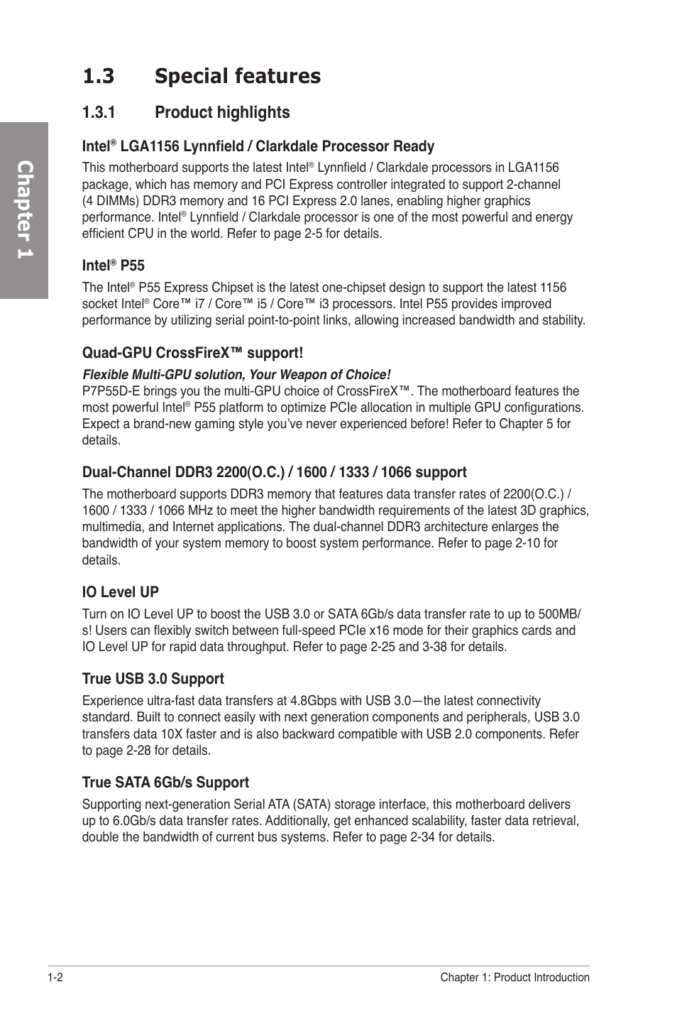 3 special features, 1 product highlights, Special features -2 1.3.1 | Product highlights -2, Chapter 1 1.3 special features | Asus P7P55D-E User Manual | Page 16 / 126
