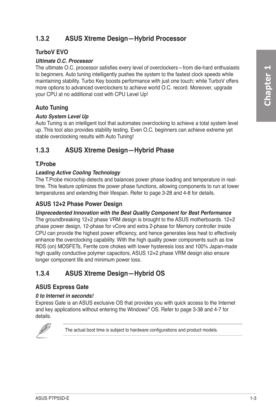 2 asus xtreme design—hybrid processor, 3 asus xtreme design—hybrid phase, 4 asus xtreme design—hybrid os | Asus xtreme design—hybrid processor -3, Asus xtreme design—hybrid phase -3, Asus xtreme design—hybrid os -3, Chapter 1 | Asus P7P55D-E User Manual | Page 17 / 126