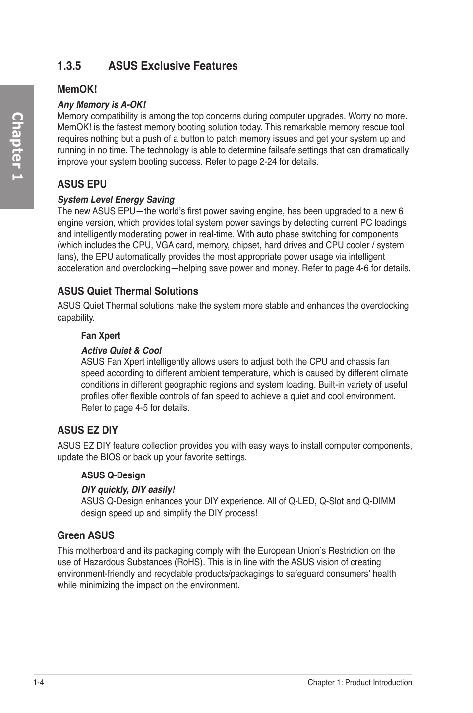 5 asus exclusive features, Asus exclusive features -4, Chapter 1 | Asus P7P55D-E User Manual | Page 18 / 126