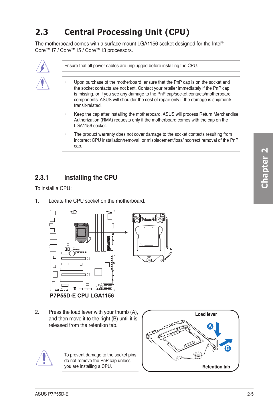 3 central processing unit (cpu), 1 installing the cpu, Central processing unit (cpu) -5 2.3.1 | Installing the cpu -5, Chapter 2 2.3 central processing unit (cpu) | Asus P7P55D-E User Manual | Page 23 / 126