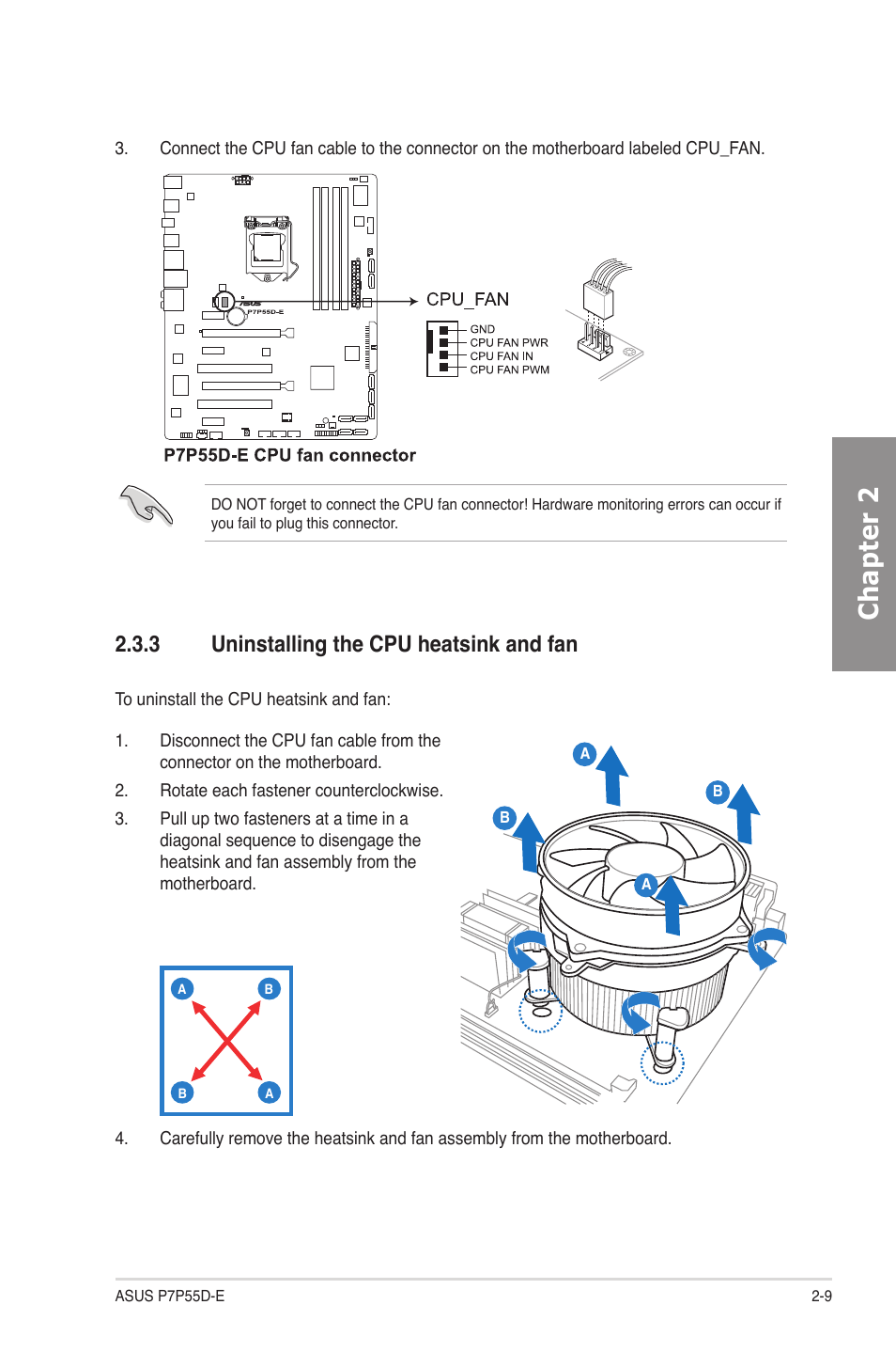 3 uninstalling the cpu heatsink and fan, Uninstalling the cpu heatsink and fan -9, Chapter 2 | Asus P7P55D-E User Manual | Page 27 / 126