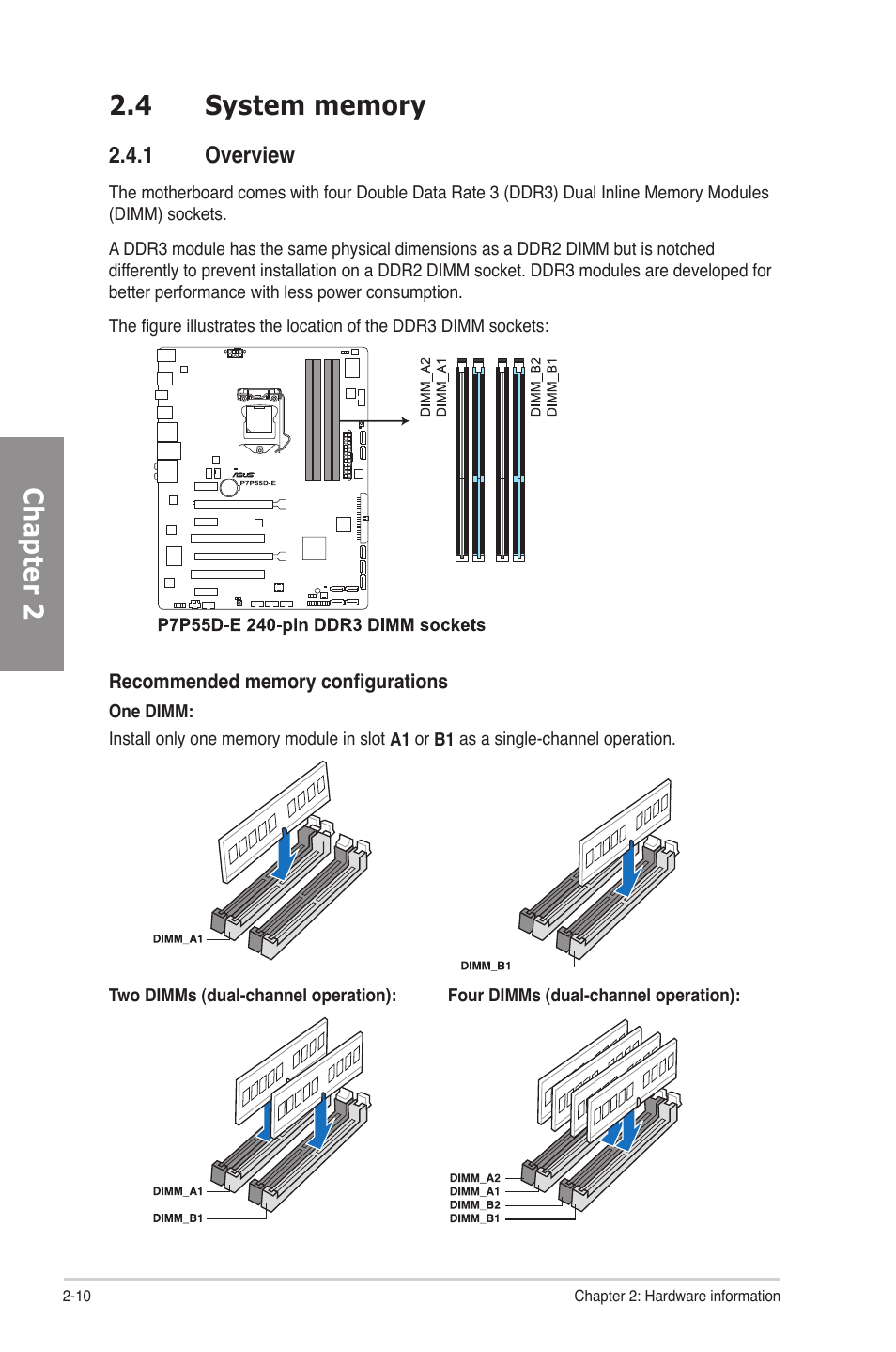 4 system memory, 1 overview, System memory -10 2.4.1 | Overview -10 | Asus P7P55D-E User Manual | Page 28 / 126