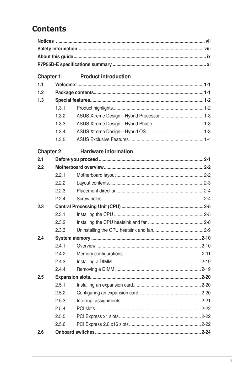 Asus P7P55D-E User Manual | Page 3 / 126