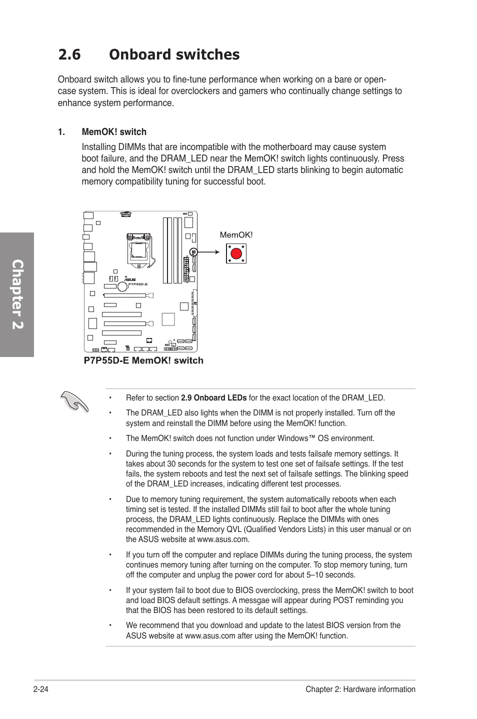 6 onboard switches, Onboard switches -24, Chapter 2 2.6 onboard switches | Asus P7P55D-E User Manual | Page 42 / 126