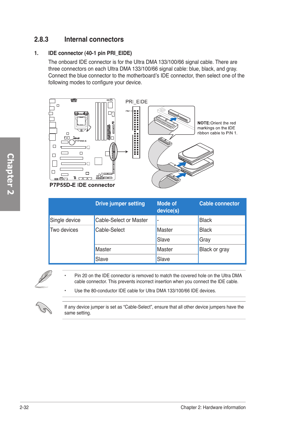 3 internal connectors, Internal connectors -32, Chapter 2 | Asus P7P55D-E User Manual | Page 50 / 126