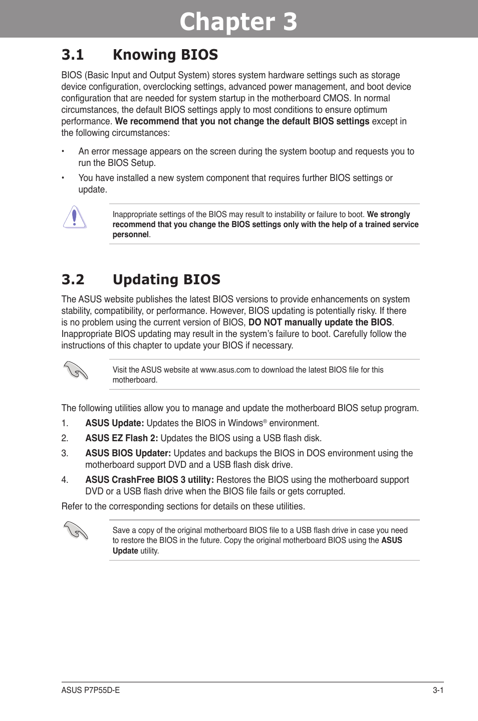 Chapter 3: bios setup, 1 knowing bios, 2 updating bios | Chapter 3, Bios setup, Knowing bios -1, Updating bios -1 | Asus P7P55D-E User Manual | Page 63 / 126