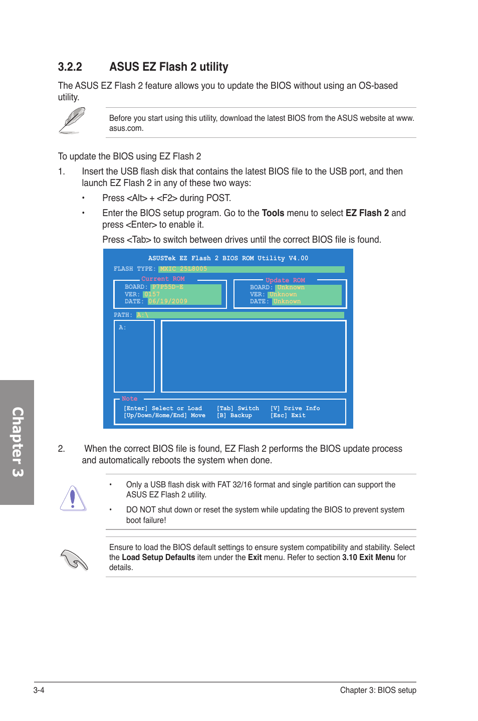 2 asus ez flash 2 utility, Asus ez flash 2 utility -4, Chapter 3 | Asus P7P55D-E User Manual | Page 66 / 126