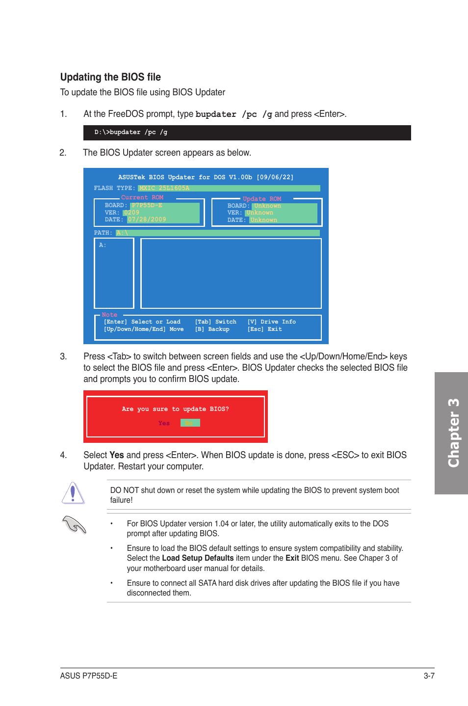 Chapter 3, Updating the bios file | Asus P7P55D-E User Manual | Page 69 / 126