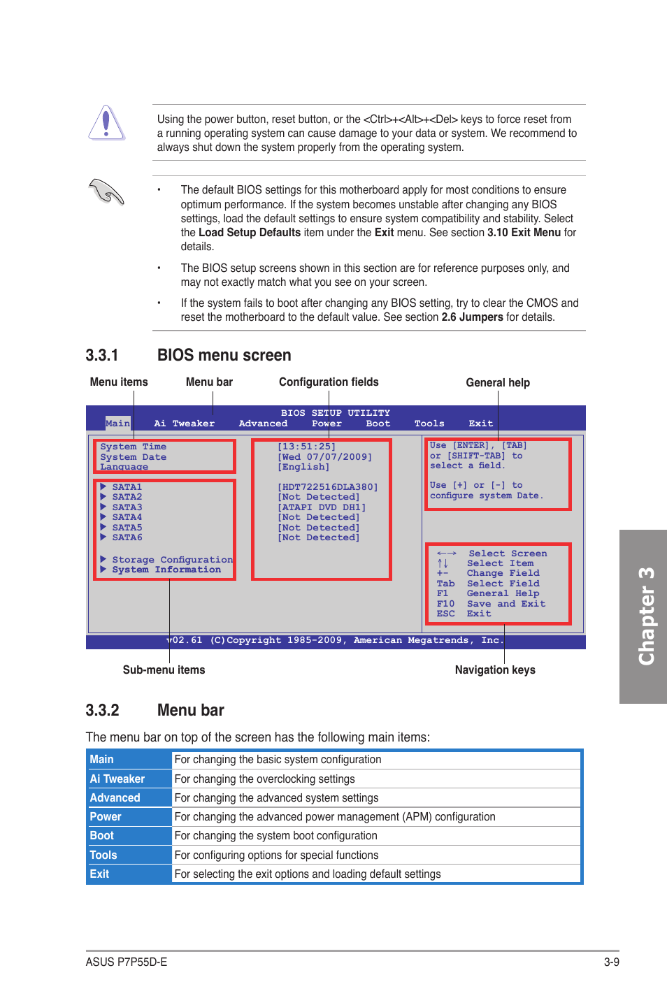 1 bios menu screen, 2 menu bar, Bios menu screen -9 | Menu bar -9, Chapter 3 | Asus P7P55D-E User Manual | Page 71 / 126