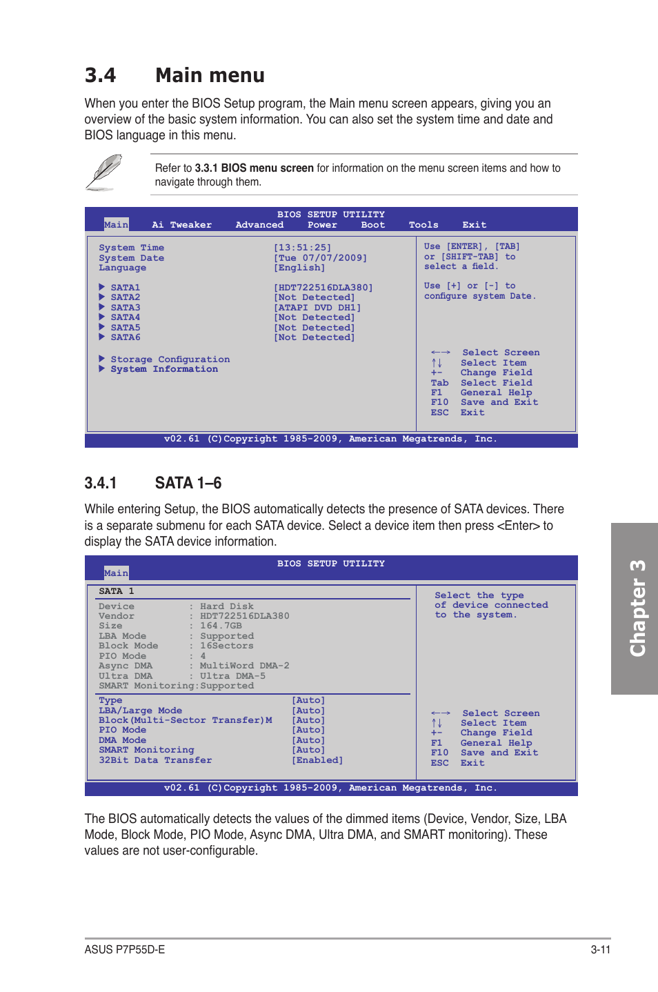 4 main menu, 1 sata 1–6, Main menu -11 3.4.1 | Sata 1–6 -11, Chapter 3 3.4 main menu | Asus P7P55D-E User Manual | Page 73 / 126