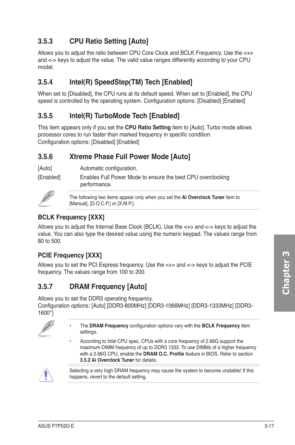 3 cpu ratio setting [auto, 4 intel(r) speedstep(tm) tech [enabled, 5 intel(r) turbomode tech [enabled | 6 xtreme phase full power mode [auto, 7 dram frequency [auto, Cpu ratio setting -17, Intel(r) speedstep(tm) tech -17, Intel(r) turbomode tech -17, Xtreme phase full power mode -17, Dram frequency -17 | Asus P7P55D-E User Manual | Page 79 / 126