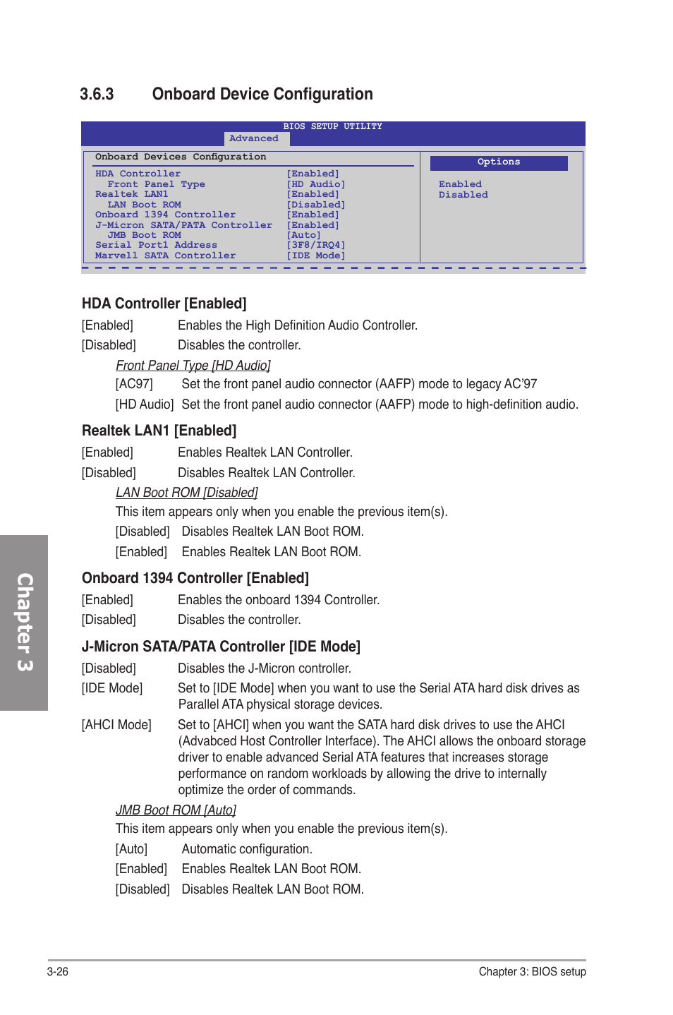 3 onboard device configuration, Onboard device configuration -26, Chapter 3 | Hda controller [enabled, Realtek lan1 [enabled, Onboard 1394 controller [enabled, J-micron sata/pata controller [ide mode | Asus P7P55D-E User Manual | Page 88 / 126