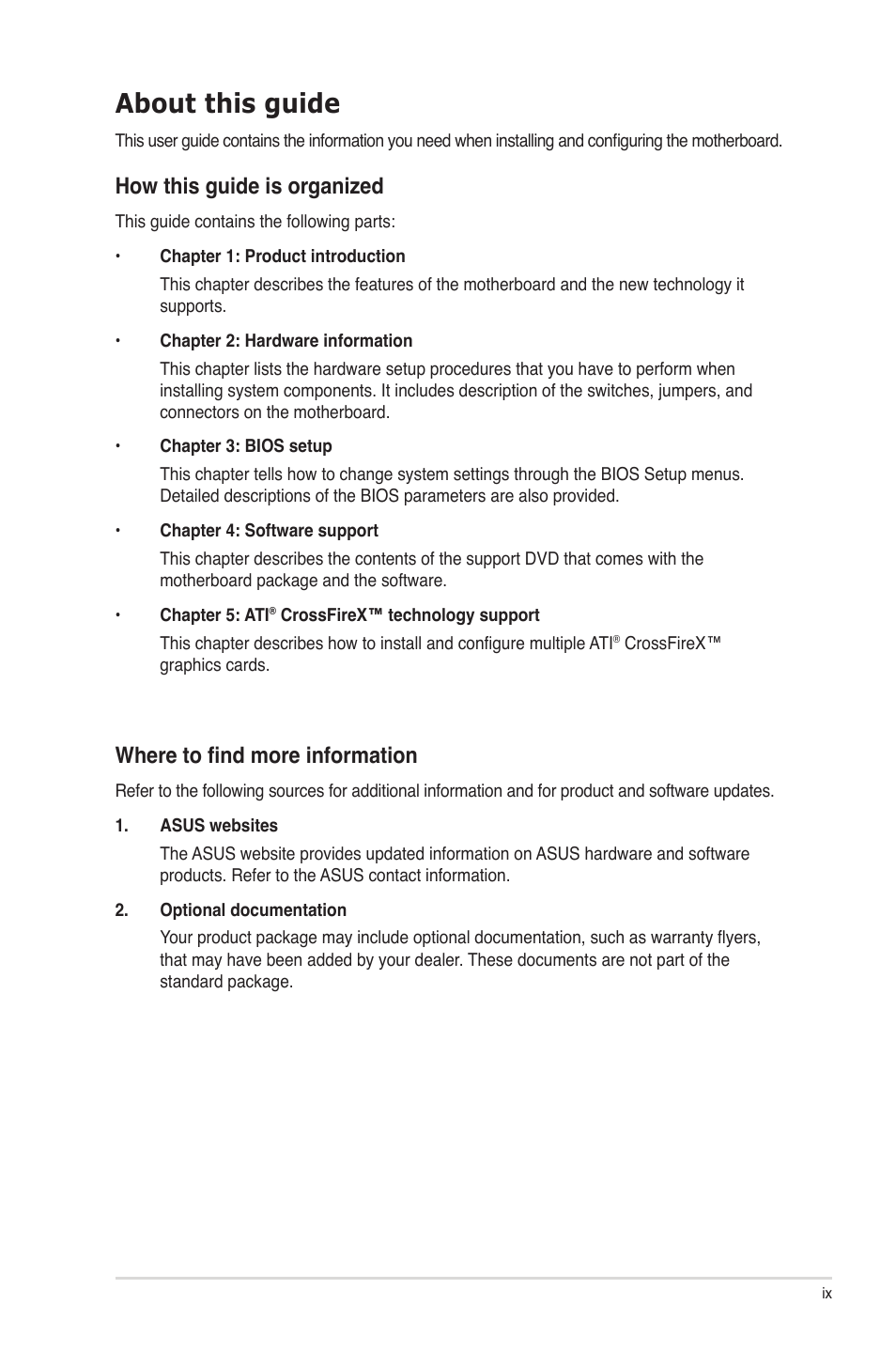 About this guide, How this guide is organized, Where to find more information | Asus P7P55D-E User Manual | Page 9 / 126