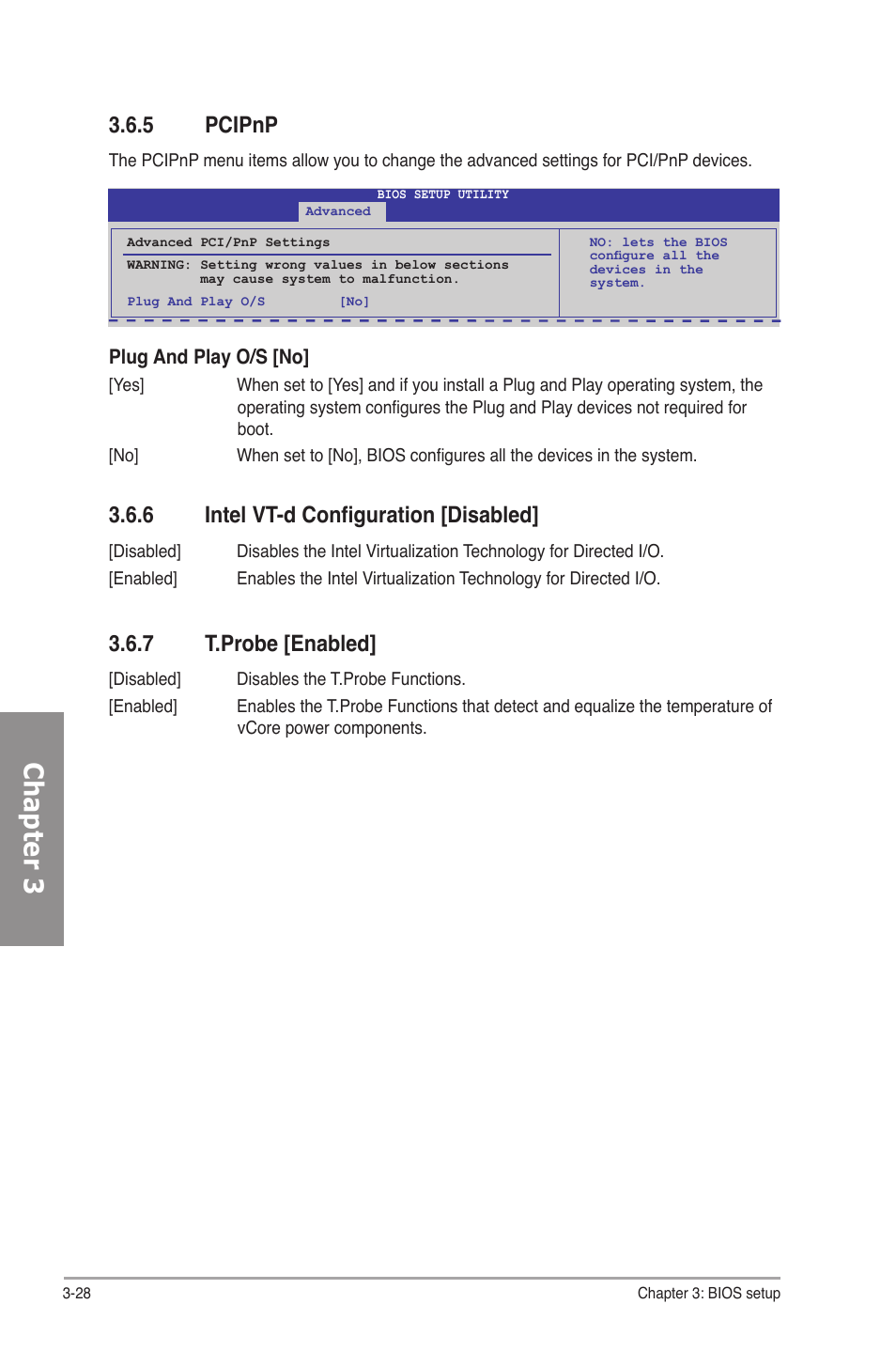 5 pcipnp, 6 intel vt-d configuration [disabled, 7 t.probe [enabled | Pcipnp -28, Intel vt-d configuration -28, T.probe -28, Chapter 3 | Asus P7P55D-E User Manual | Page 90 / 126