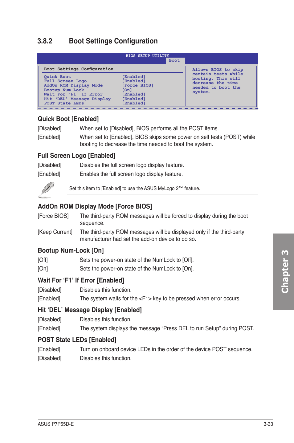 2 boot settings configuration, Boot settings configuration -33, Chapter 3 | Quick boot [enabled, Full screen logo [enabled, Addon rom display mode [force bios, Bootup num-lock [on, Wait for ‘f1’ if error [enabled, Hit ‘del’ message display [enabled, Post state leds [enabled | Asus P7P55D-E User Manual | Page 95 / 126