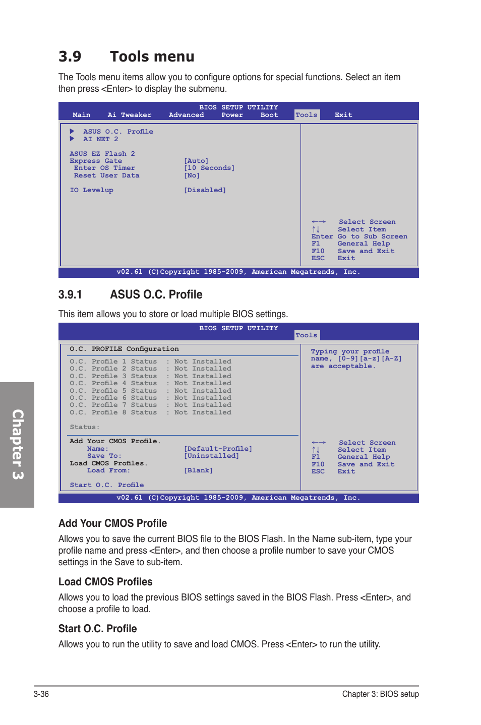 9 tools menu, 1 asus o.c. profile, Tools menu -36 3.9.1 | Asus o.c. profile -36, Chapter 3 3.9 tools menu, Add your cmos profile, Load cmos profiles, Start o.c. profile | Asus P7P55D-E User Manual | Page 98 / 126