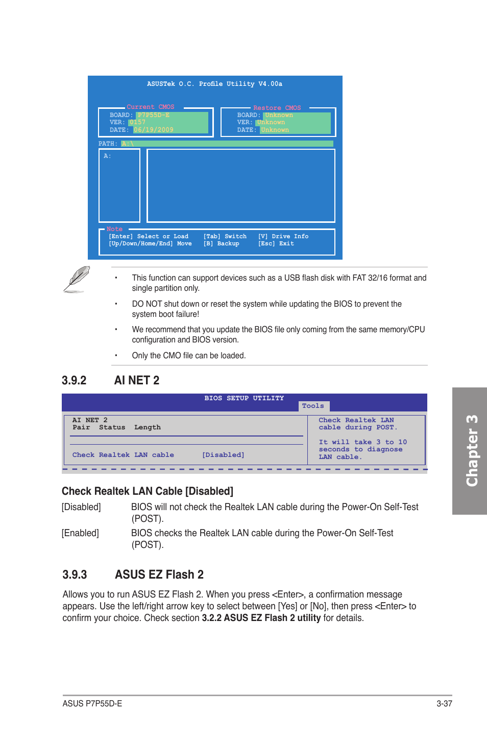 2 ai net 2, 3 asus ez flash 2, Ai net 2 -37 | Asus ez flash 2 -37, Chapter 3, Check realtek lan cable [disabled | Asus P7P55D-E User Manual | Page 99 / 126