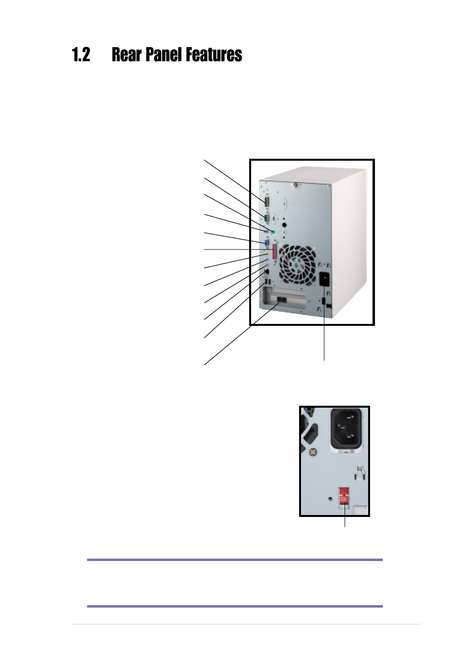 2 rear panel features, Voltage selector | Asus Terminator P4 533A User Manual | Page 13 / 98