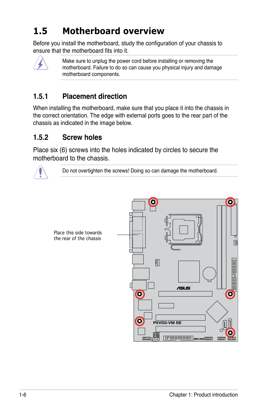 5 motherboard overview, 1 placement direction, 2 screw holes | Asus P5VD2-VM SE User Manual | Page 18 / 100