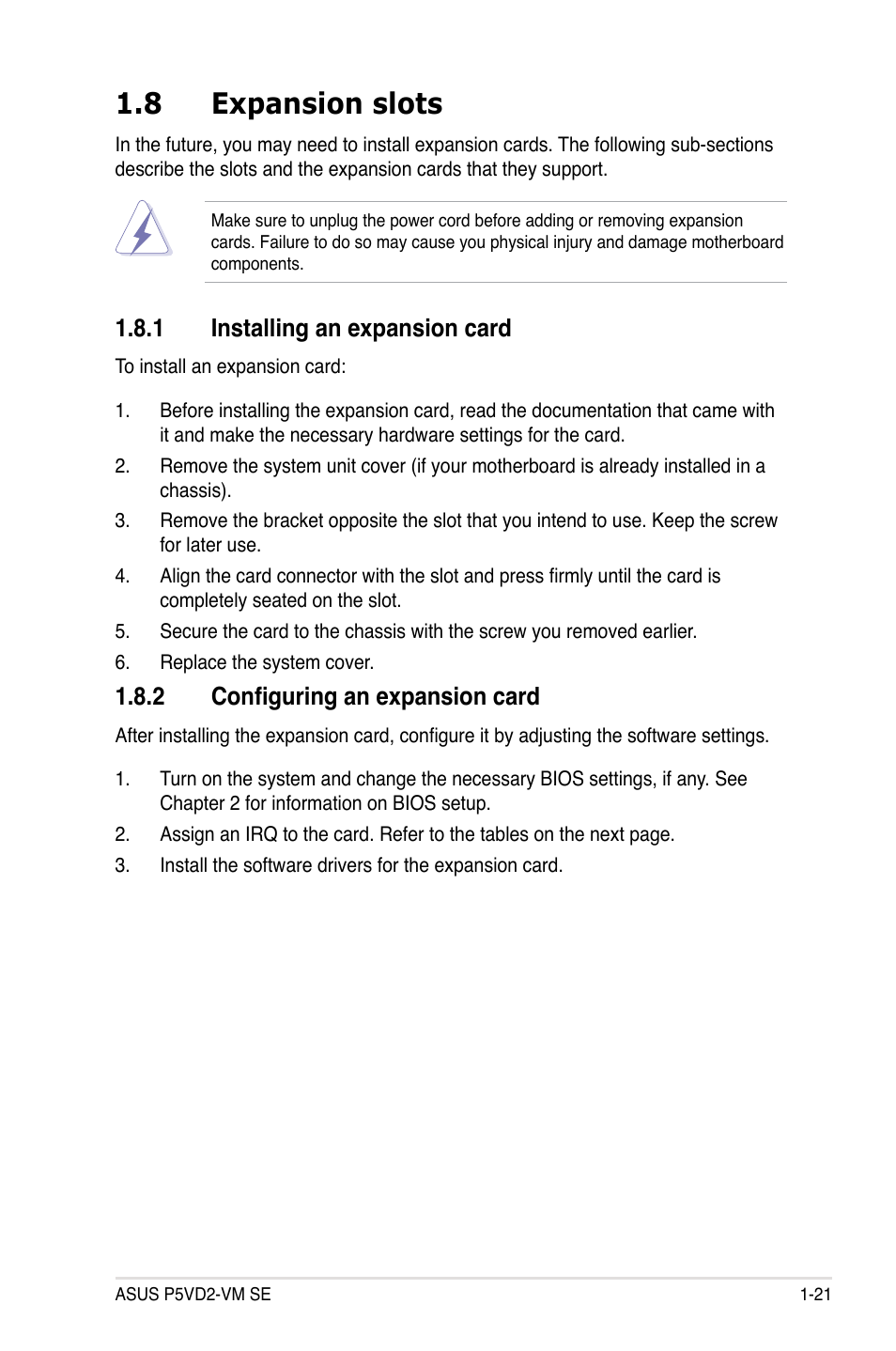 8 expansion slots, 1 installing an expansion card, 2 configuring an expansion card | Asus P5VD2-VM SE User Manual | Page 33 / 100