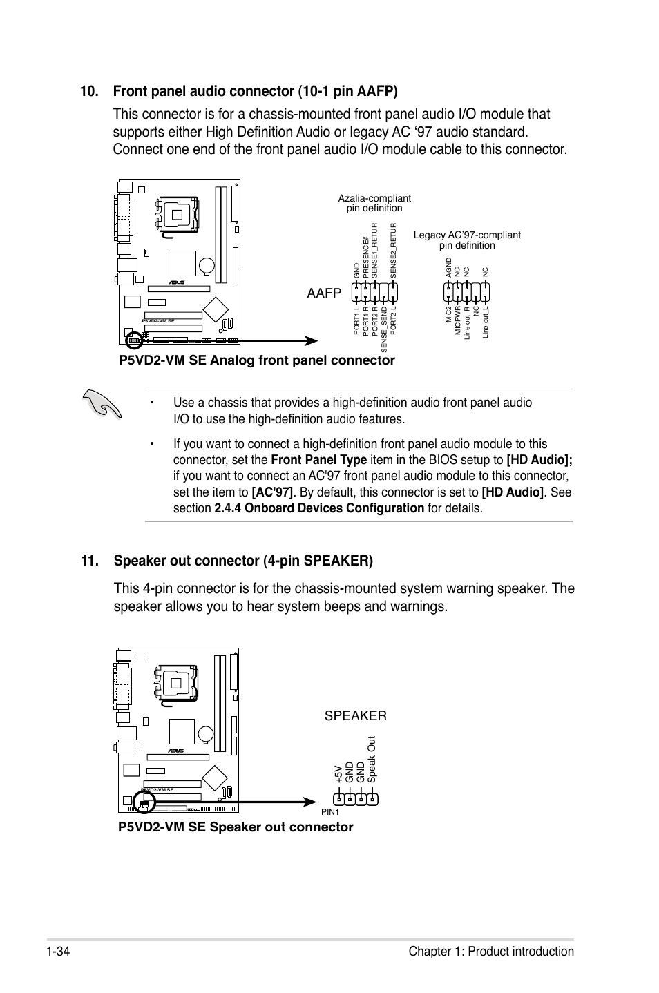 34 chapter 1: product introduction, P5vd2-vm se speaker out connector speaker, P5vd2-vm se analog front panel connector aafp | Asus P5VD2-VM SE User Manual | Page 46 / 100