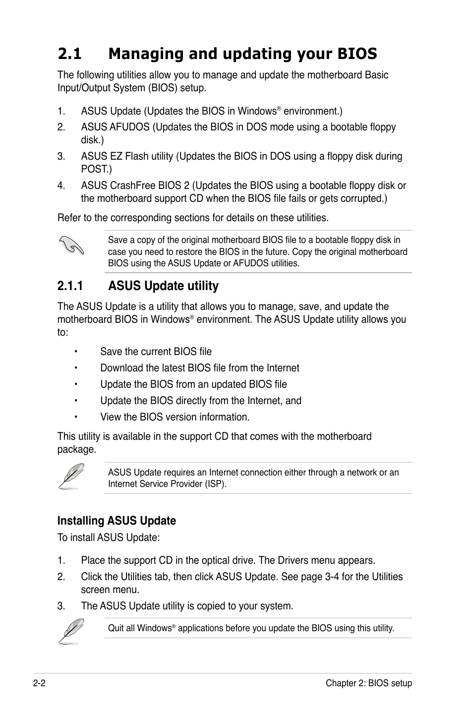 1 managing and updating your bios, 1 asus update utility | Asus P5VD2-VM SE User Manual | Page 50 / 100