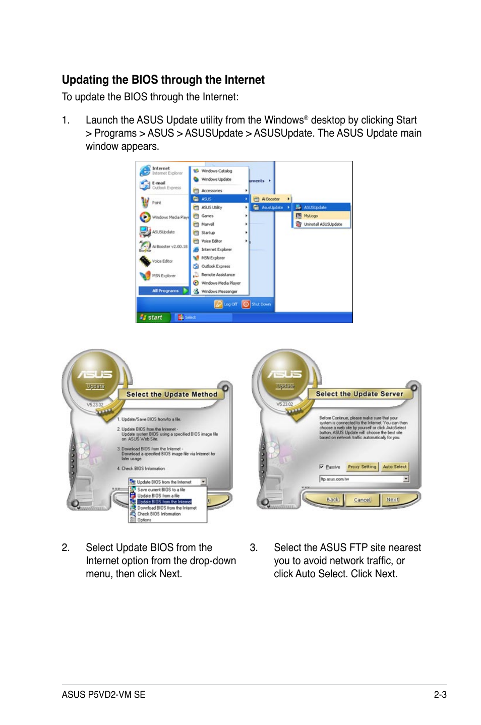 Updating the bios through the internet | Asus P5VD2-VM SE User Manual | Page 51 / 100
