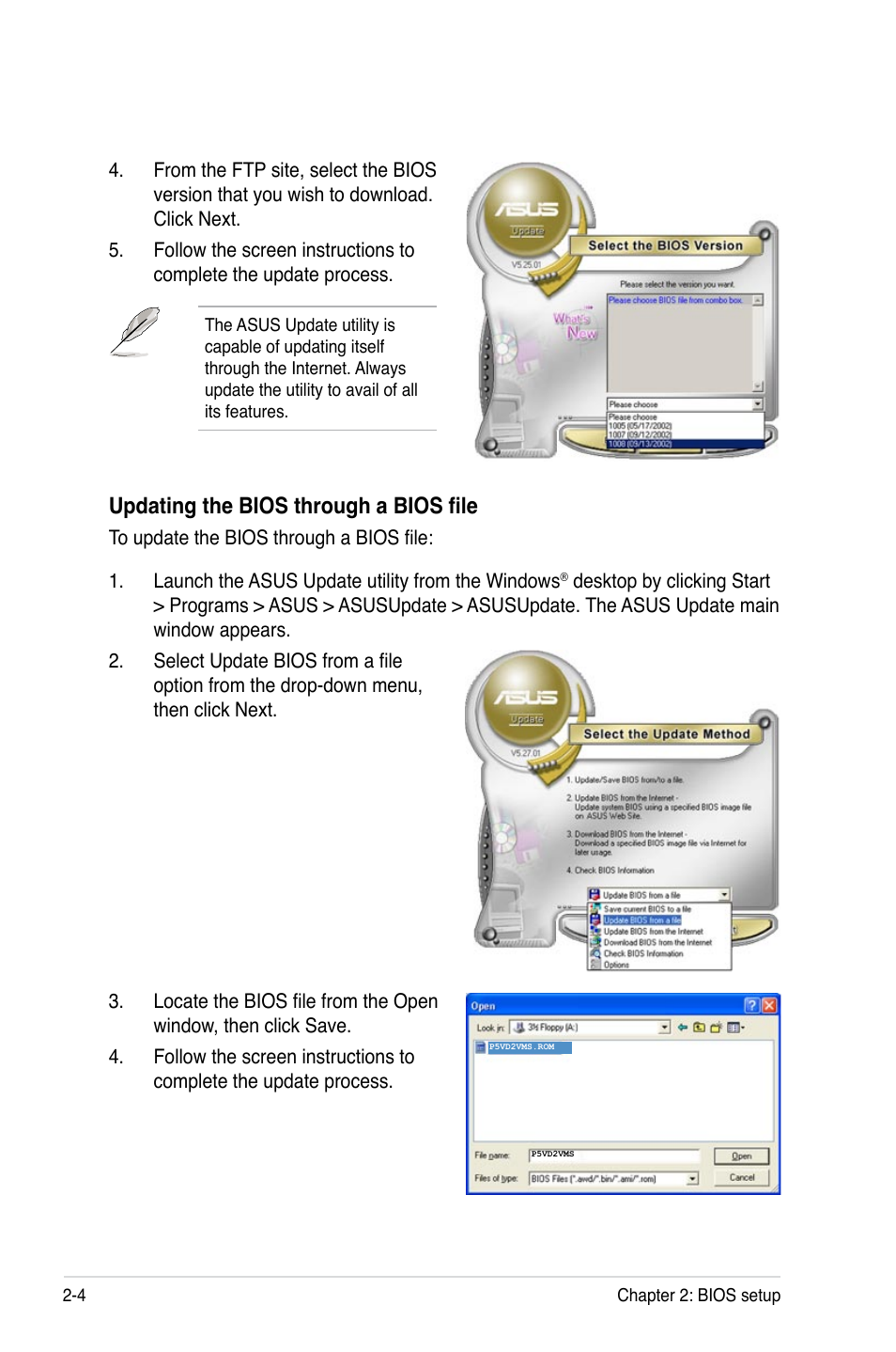 Updating the bios through a bios file | Asus P5VD2-VM SE User Manual | Page 52 / 100