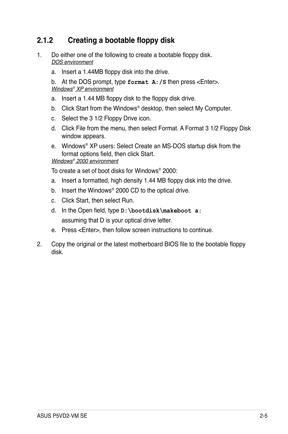 2 creating a bootable floppy disk | Asus P5VD2-VM SE User Manual | Page 53 / 100