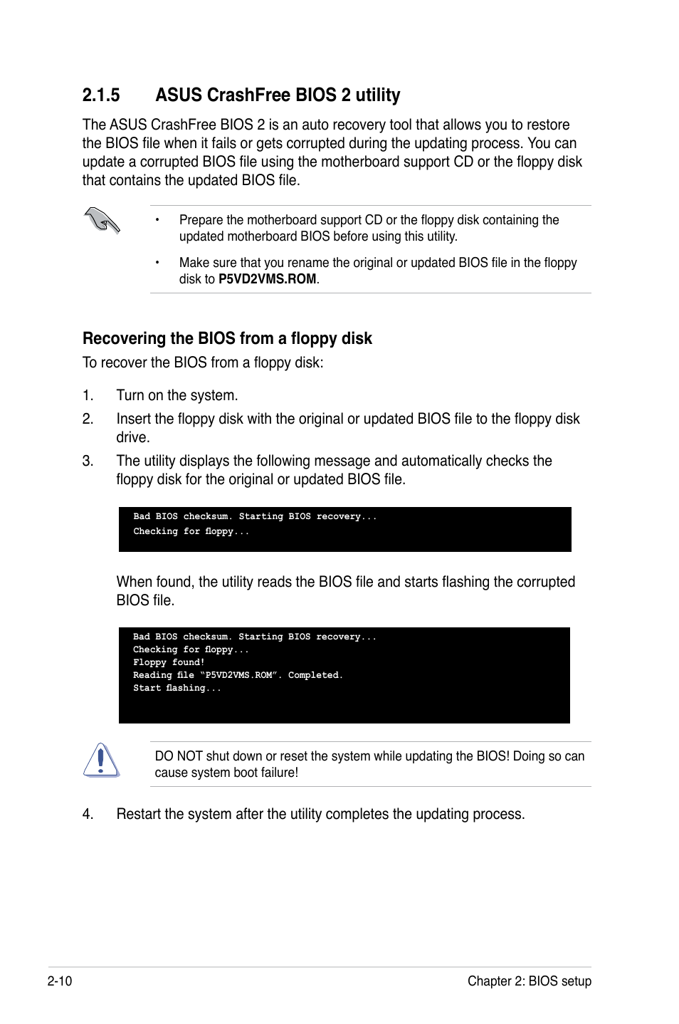 5 asus crashfree bios 2 utility, Recovering the bios from a floppy disk | Asus P5VD2-VM SE User Manual | Page 58 / 100