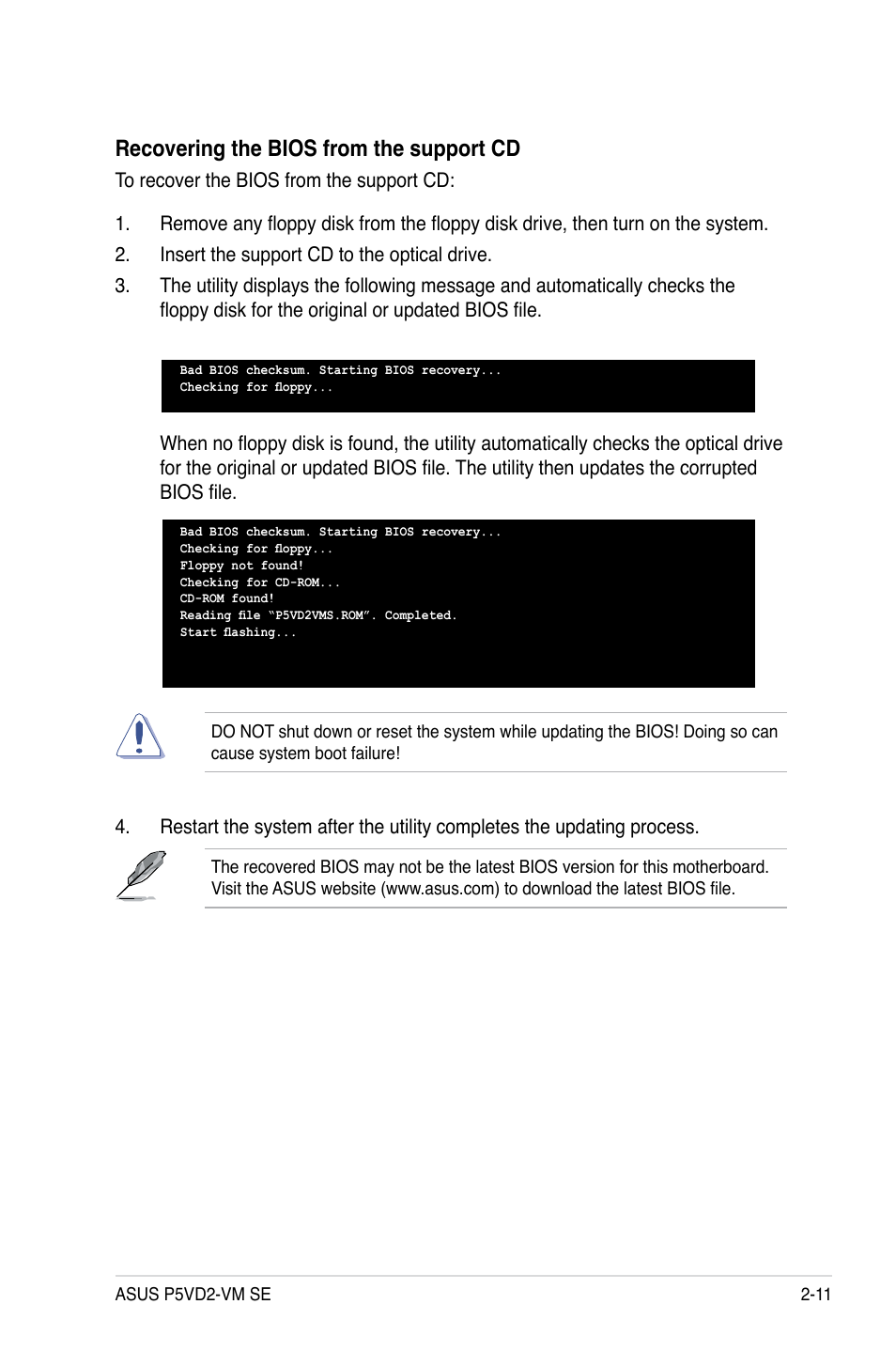 Recovering the bios from the support cd | Asus P5VD2-VM SE User Manual | Page 59 / 100