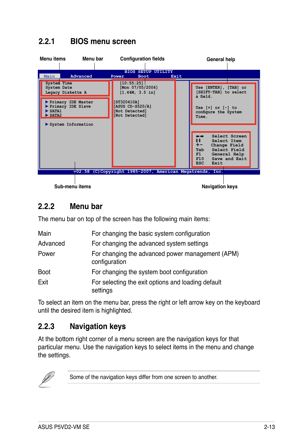 2 menu bar, 3 navigation keys, 1 bios menu screen | Asus P5VD2-VM SE User Manual | Page 61 / 100