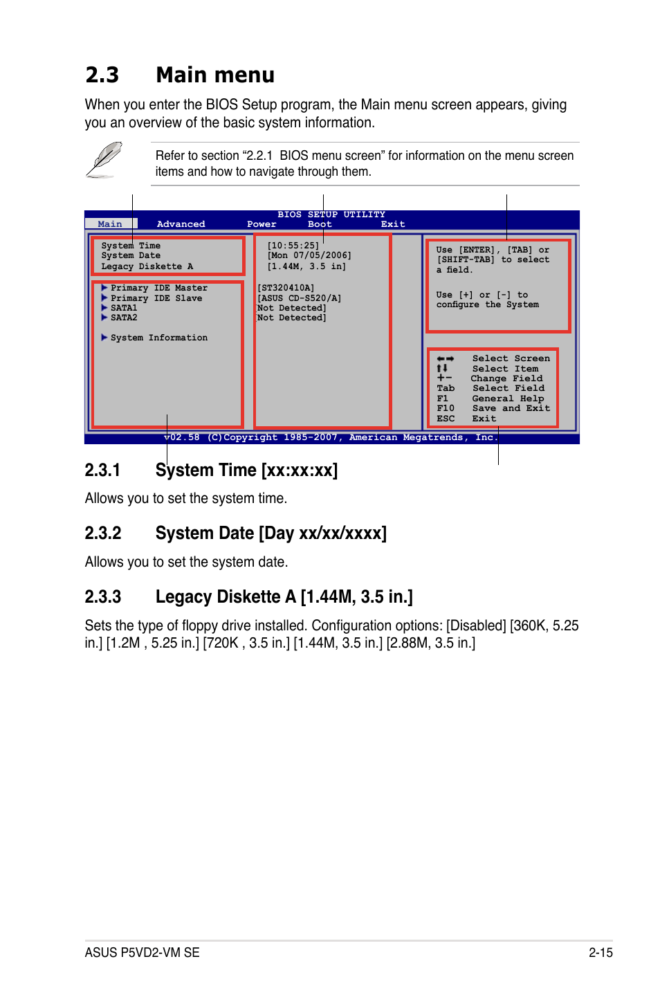 3 main menu, 1 system time [xx:xx:xx, Allows you to set the system time | Allows you to set the system date | Asus P5VD2-VM SE User Manual | Page 63 / 100