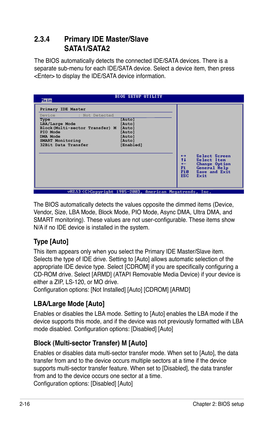 4 primary ide master/slave sata1/sata2, Type [auto, Lba/large mode [auto | Block (multi-sector transfer) m [auto | Asus P5VD2-VM SE User Manual | Page 64 / 100