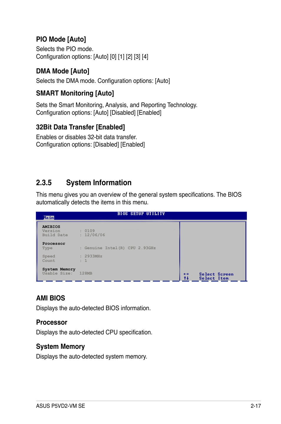 5 system information, Pio mode [auto, Dma mode [auto | Smart monitoring [auto, 32bit data transfer [enabled, Ami bios, Processor | Asus P5VD2-VM SE User Manual | Page 65 / 100