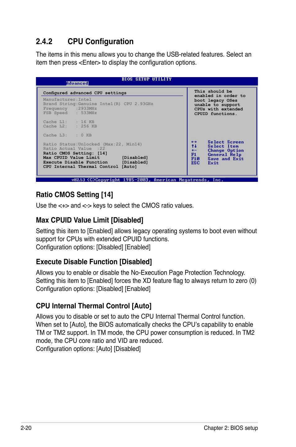 2 cpu configuration, Ratio cmos setting [14, Max cpuid value limit [disabled | Execute disable function [disabled, Cpu internal thermal control [auto | Asus P5VD2-VM SE User Manual | Page 68 / 100