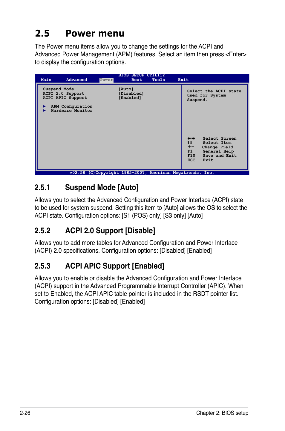 5 power menu, 1 suspend mode [auto, 2 acpi 2.0 support [disable | 3 acpi apic support [enabled | Asus P5VD2-VM SE User Manual | Page 74 / 100