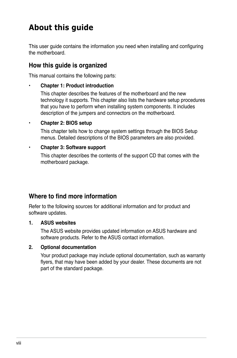 About this guide, How this guide is organized, Where to find more information | Asus P5VD2-VM SE User Manual | Page 8 / 100
