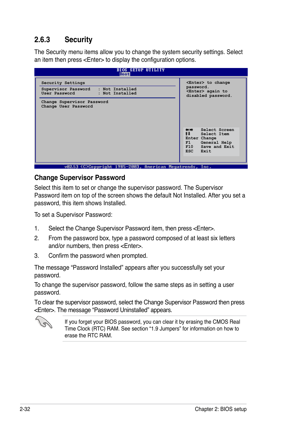 3 security, Change supervisor password | Asus P5VD2-VM SE User Manual | Page 80 / 100