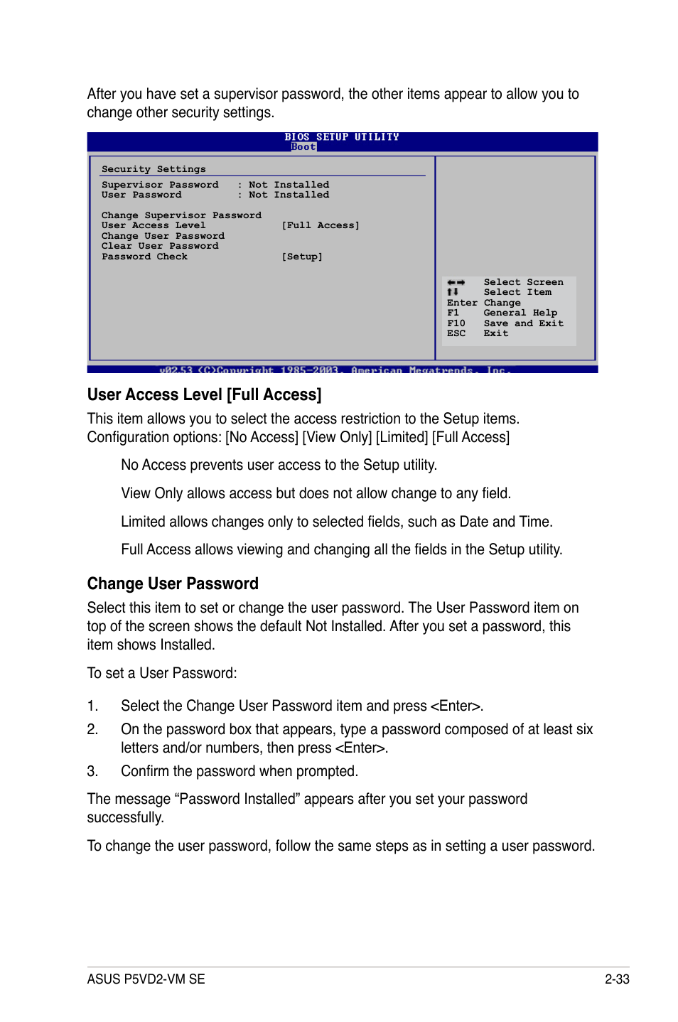 User access level [full access, Change user password | Asus P5VD2-VM SE User Manual | Page 81 / 100