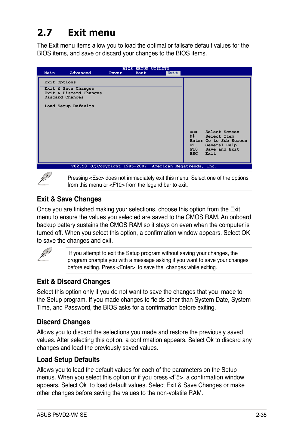 7 exit menu, Exit & discard changes, Discard changes | Exit & save changes, Load setup defaults | Asus P5VD2-VM SE User Manual | Page 83 / 100