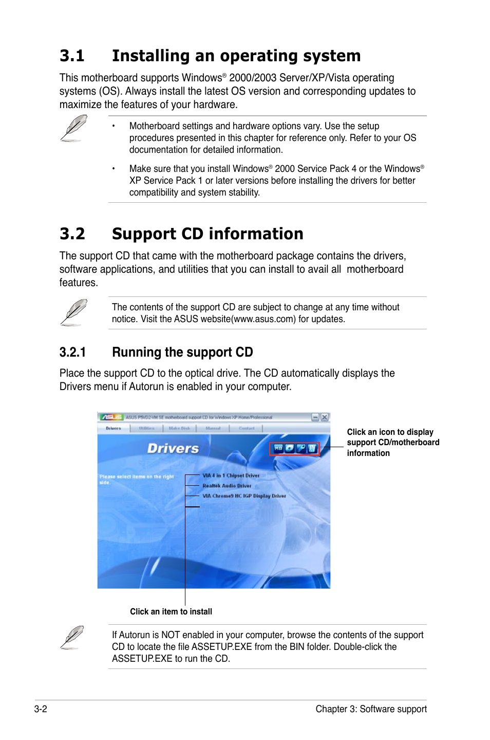 1 installing an operating system, 2 support cd information, 1 running the support cd | Asus P5VD2-VM SE User Manual | Page 86 / 100