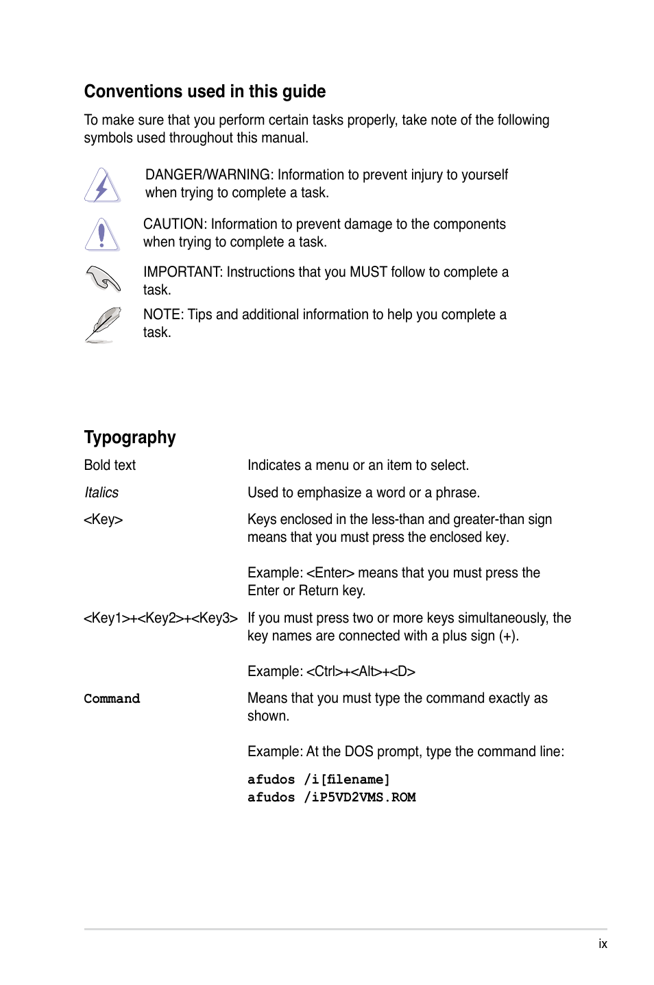 Conventions used in this guide, Typography | Asus P5VD2-VM SE User Manual | Page 9 / 100