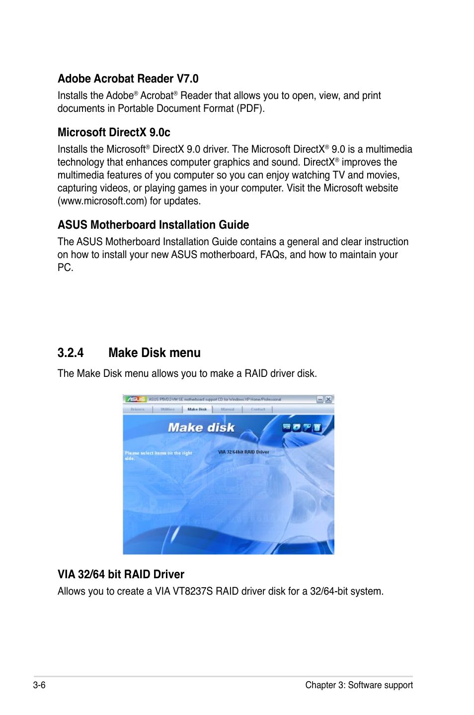 4 make disk menu, Via 32/64 bit raid driver, Adobe acrobat reader v7.0 | Microsoft directx 9.0c, Asus motherboard installation guide | Asus P5VD2-VM SE User Manual | Page 90 / 100