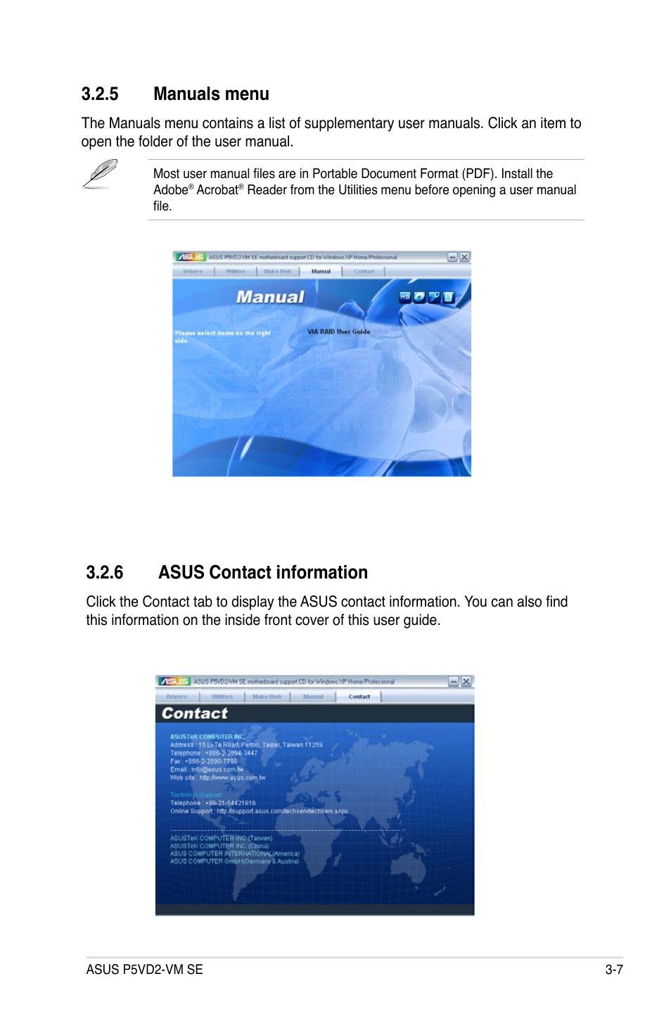 5 manuals menu, 6 asus contact information | Asus P5VD2-VM SE User Manual | Page 91 / 100