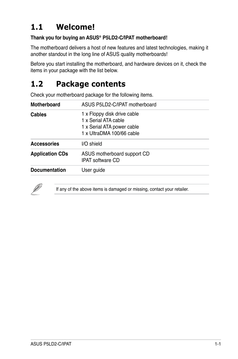 1 welcome, 2 package contents | Asus P5LD2-C/IPAT User Manual | Page 15 / 96